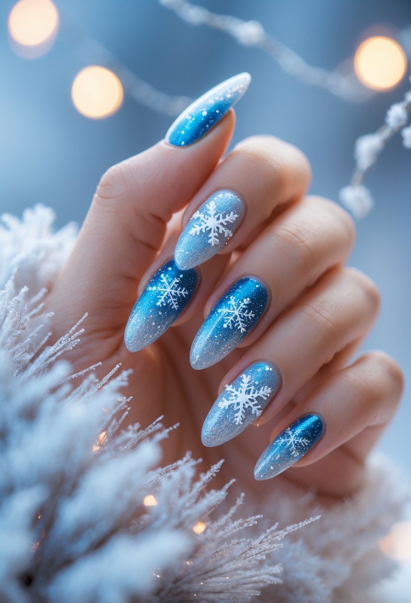 Close-up of hands with blue and silver acrylic nails decorated with snowflake designs and glitter, set against a soft winter background.