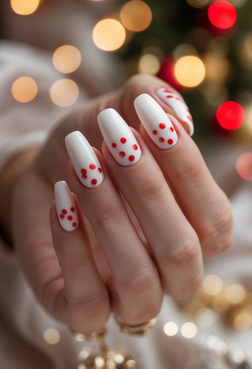 Close-up of a hand with white nails decorated with small red dots against a softly blurred festive background.