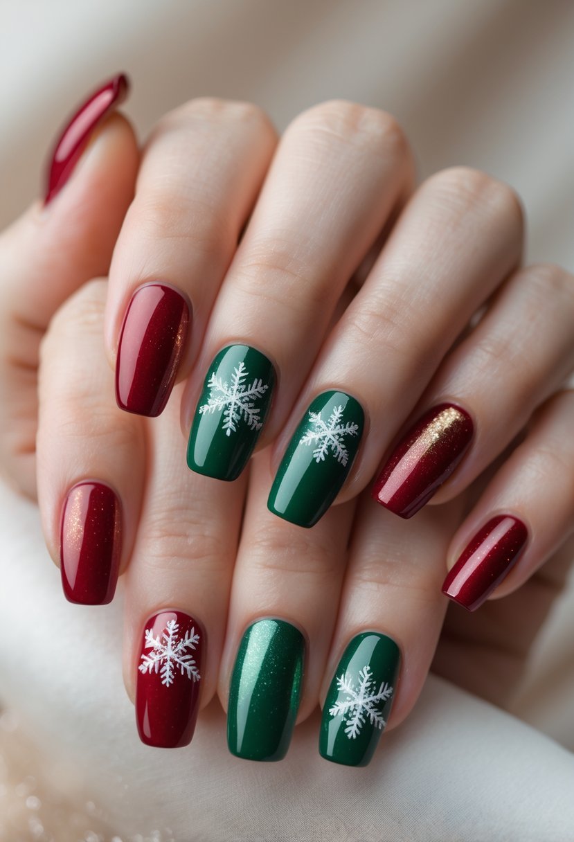 Close-up of a hand with 19 nails painted in a Christmas-themed red to green ombre gradient with gold shimmer and snowflake details.