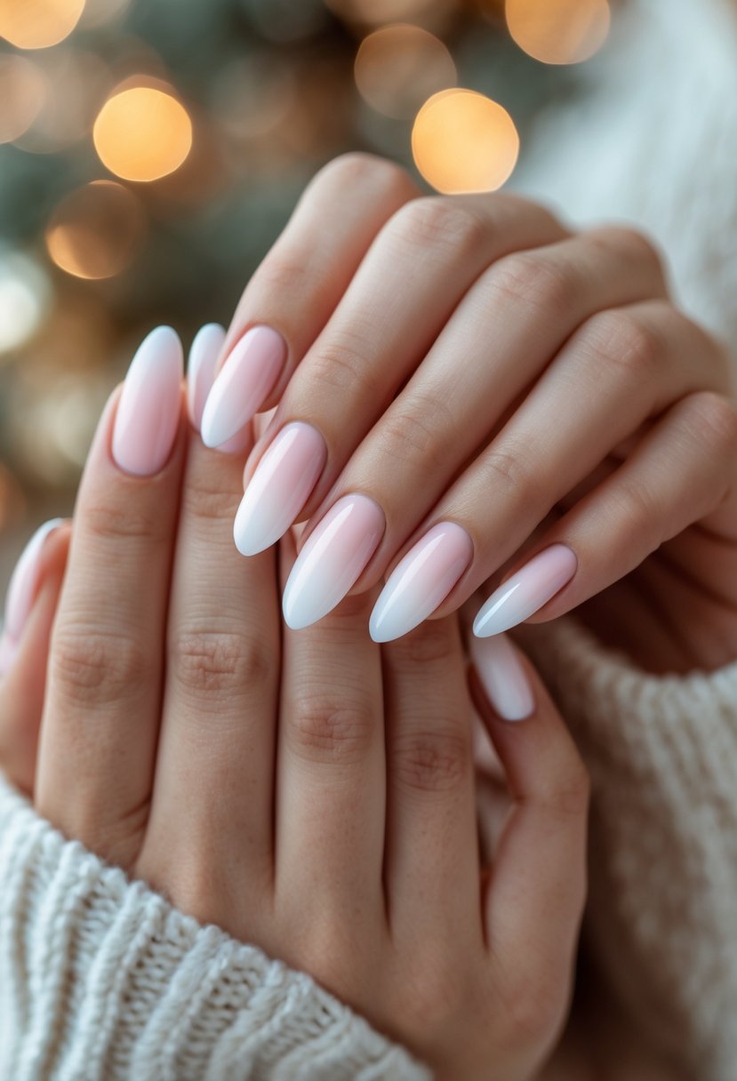 Close-up of hands with pink to white gradient nails gently clasped together.