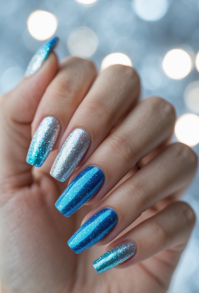 Close-up of a hand with glittery nails transitioning from silver at the base to blue at the tips.
