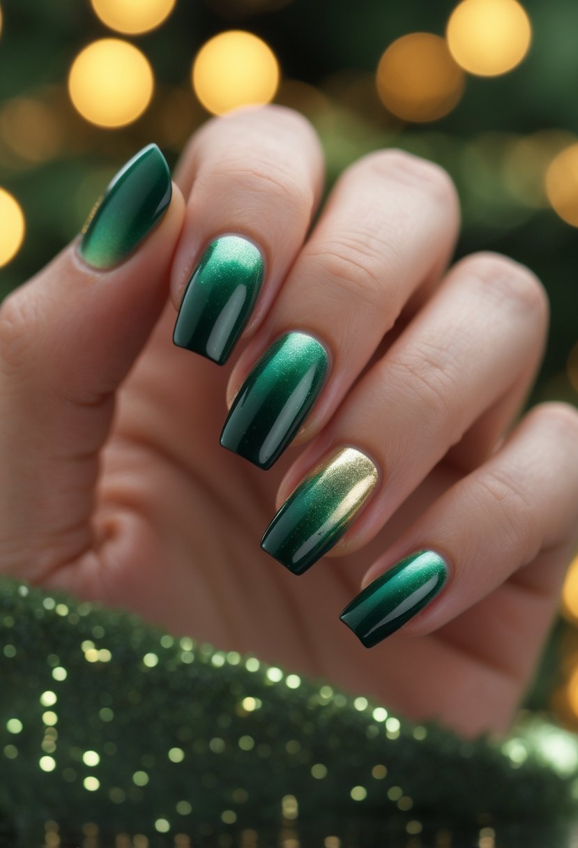 Close-up of a hand with nails painted in a gradient from deep green to gold shimmer.