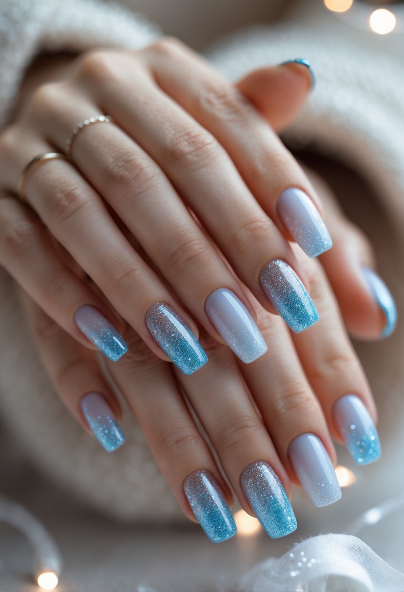 Close-up of hands with ice blue to white gradient sparkling nails against a soft background with subtle holiday elements.