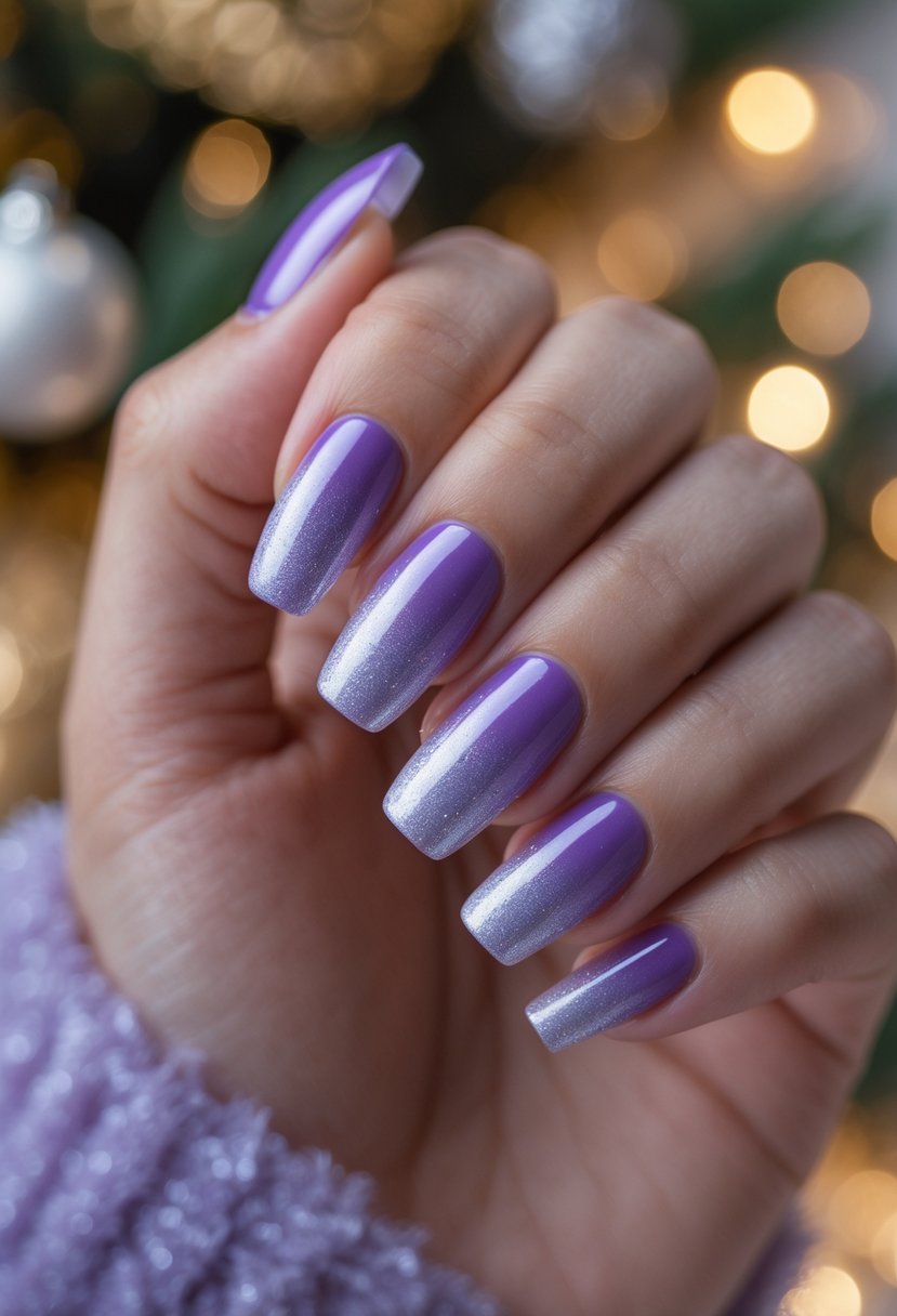 Close-up of a hand with purple to silver gradient nails against a softly blurred festive background.