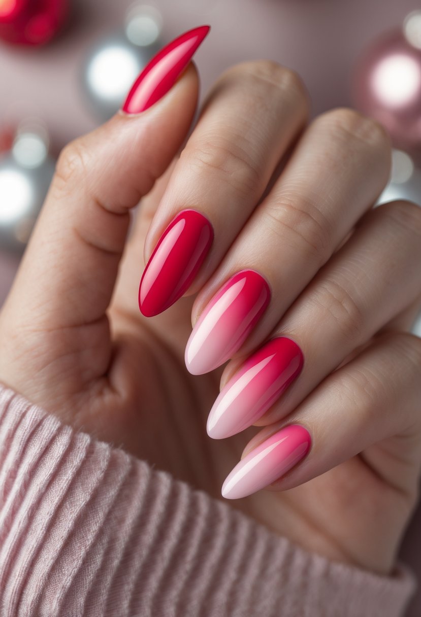 Close-up of a hand with nails featuring a smooth gradient from matte red to glossy pink.