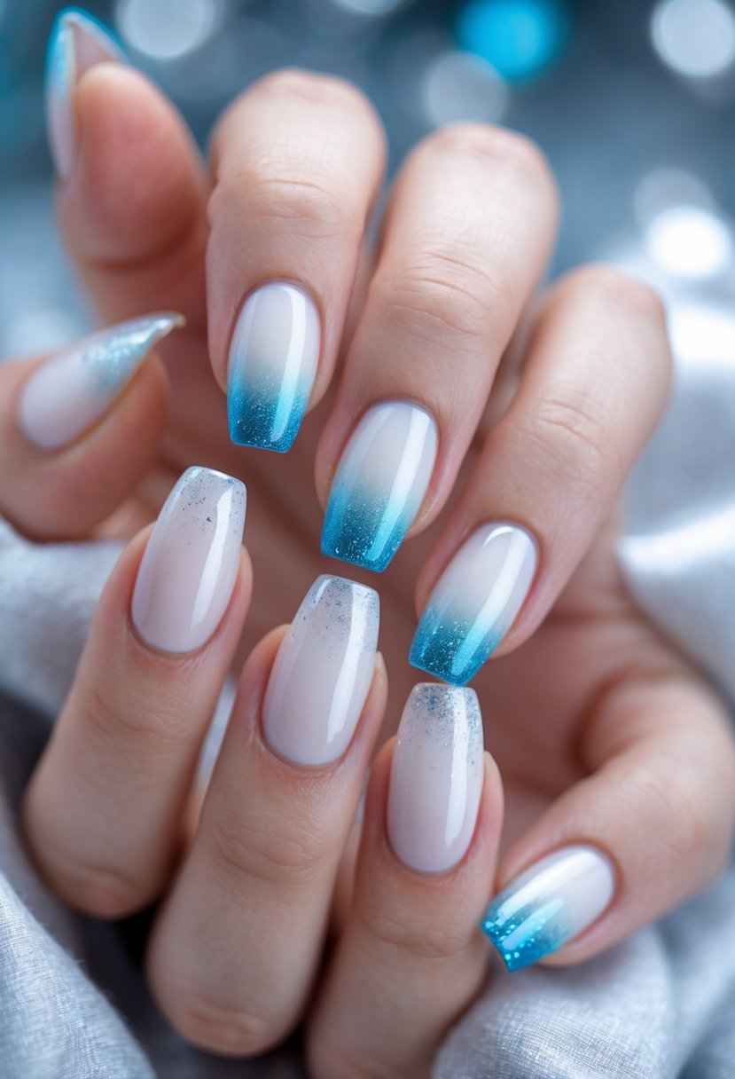 A close-up of a hand with nails painted in a white to icy blue gradient with glitter accents.