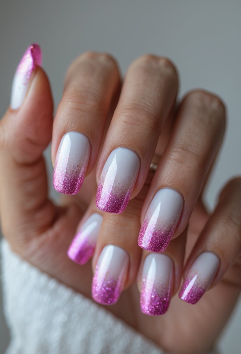 Close-up of a hand with nails painted in a glittery pink to white gradient ombre design.