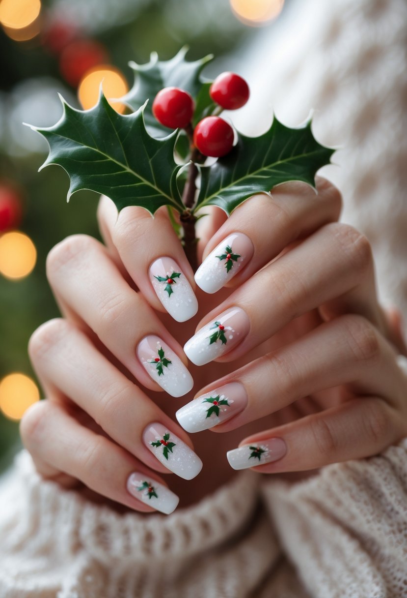 Close-up of hands with snowy French manicure and Christmas-themed nail art holding a holly sprig with red berries.