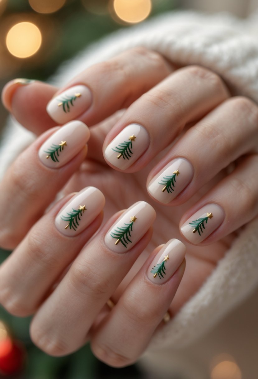 Close-up of hands showing nails decorated with simple Christmas tree designs on a neutral background.