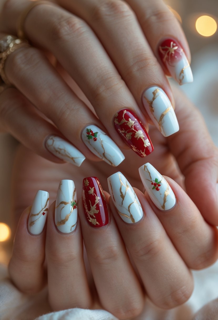 Close-up of hands displaying 16 nails with red, white, and gold marble designs inspired by Christmas.