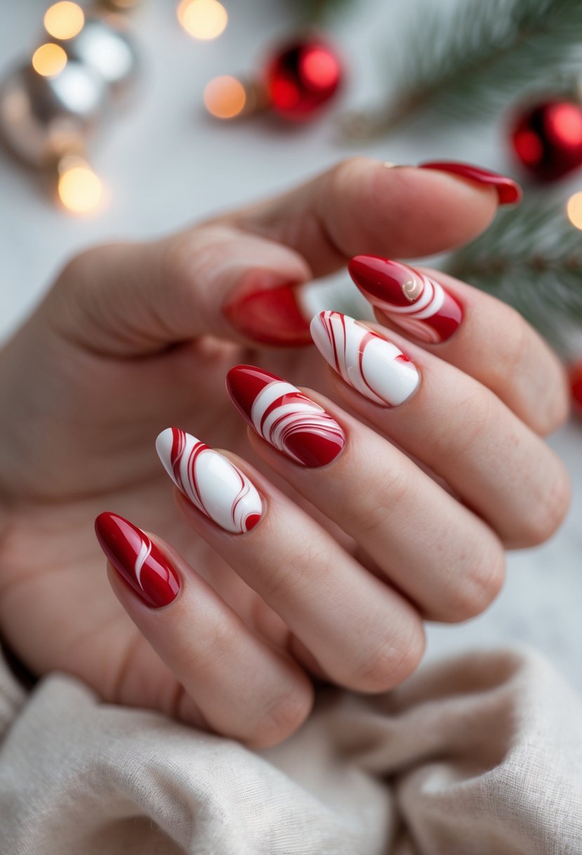 Close-up of a hand with red and white candy cane marble patterned nails.