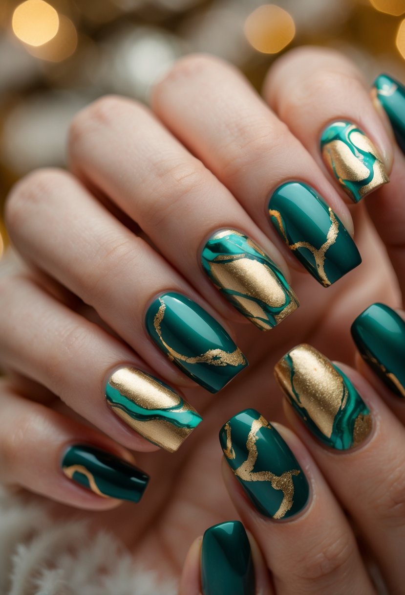 Close-up of sixteen fingernails painted with a gold and green teal marble pattern.