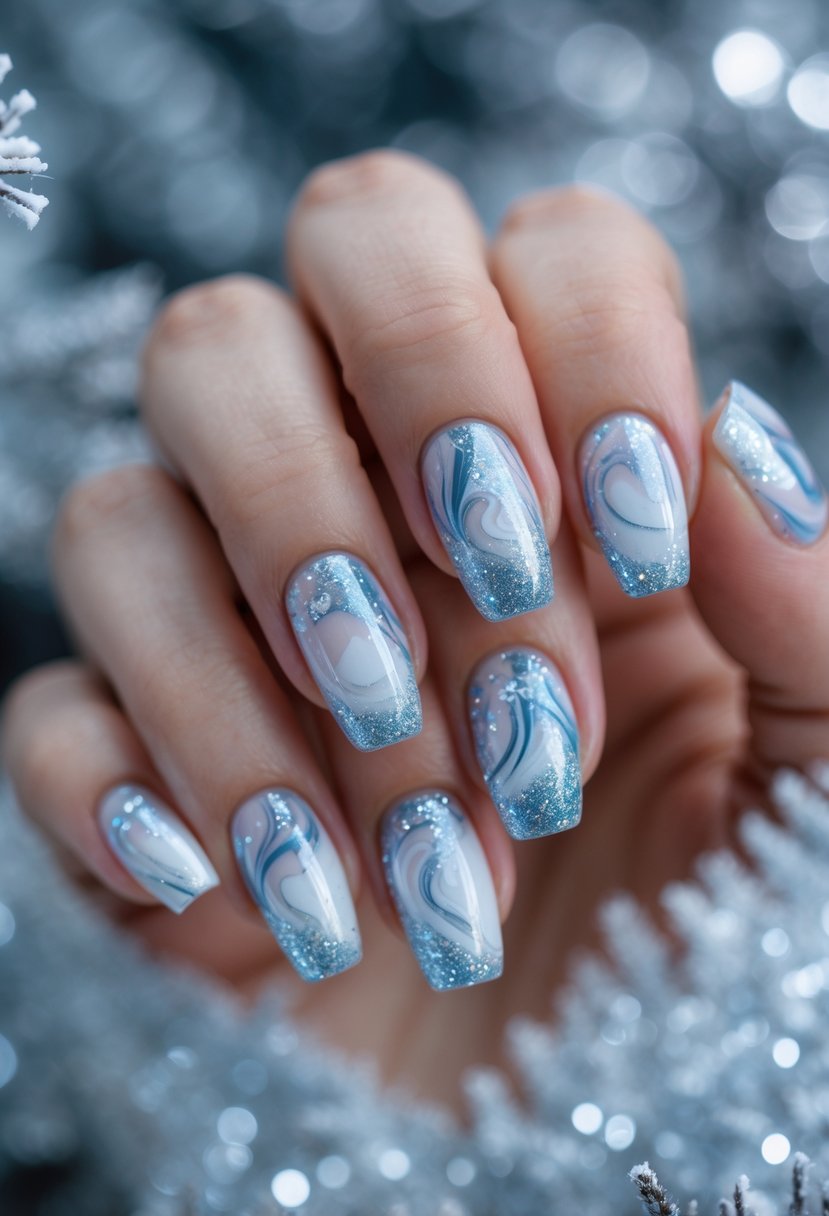 Close-up of a hand showing sixteen nails with shimmering white and silver marble designs inspired by snow and Christmas.