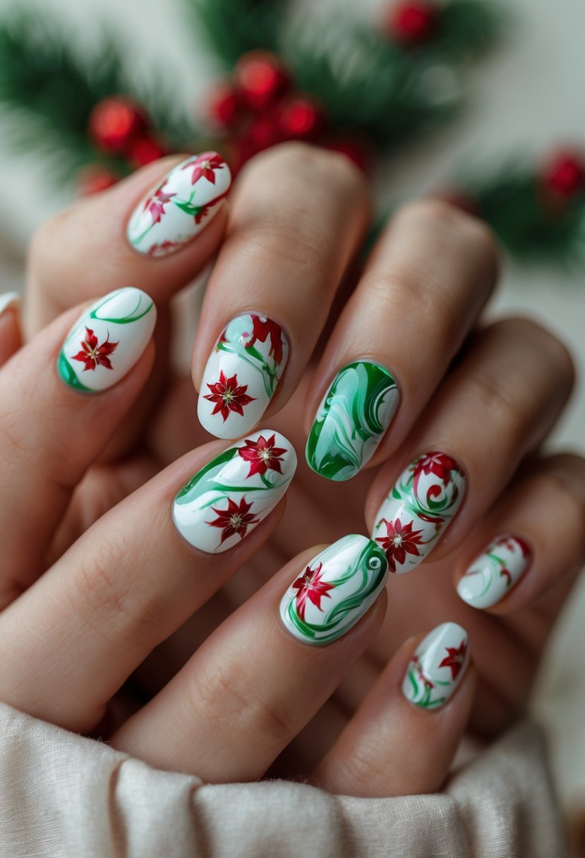Close-up of a hand with 16 nails decorated with red, white, and green marble designs and poinsettia flower patterns.