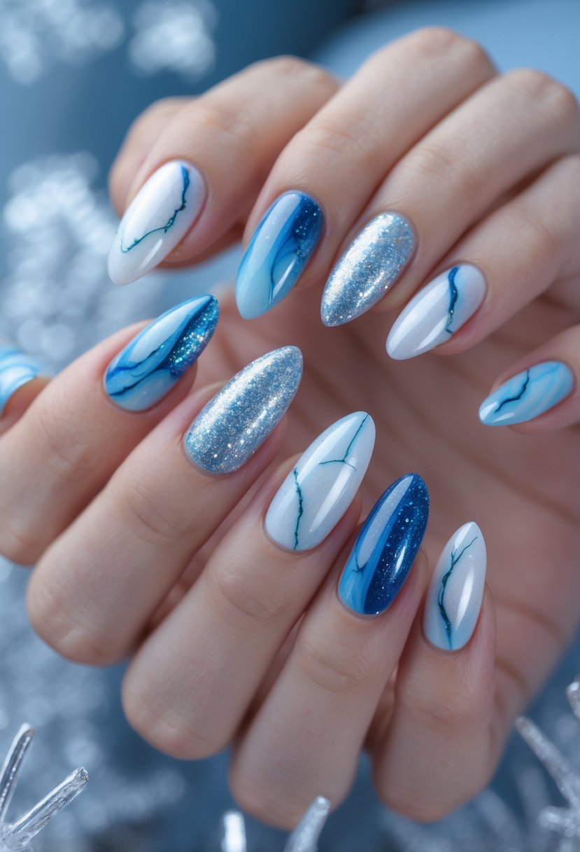 Close-up of a hand with 16 nails painted in blue and silver marble patterns.
