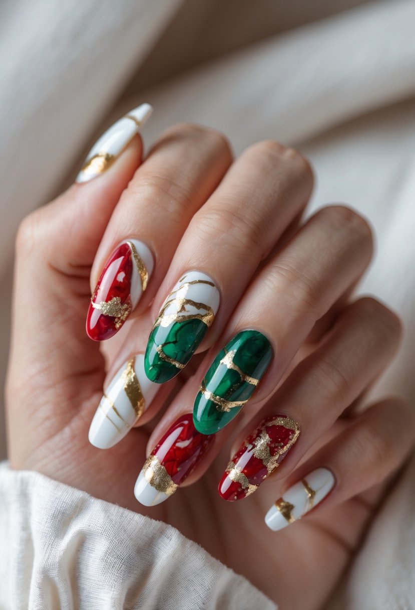 Close-up of a hand with 16 Christmas-themed marble press-on nails in red, white, green, and gold colors.