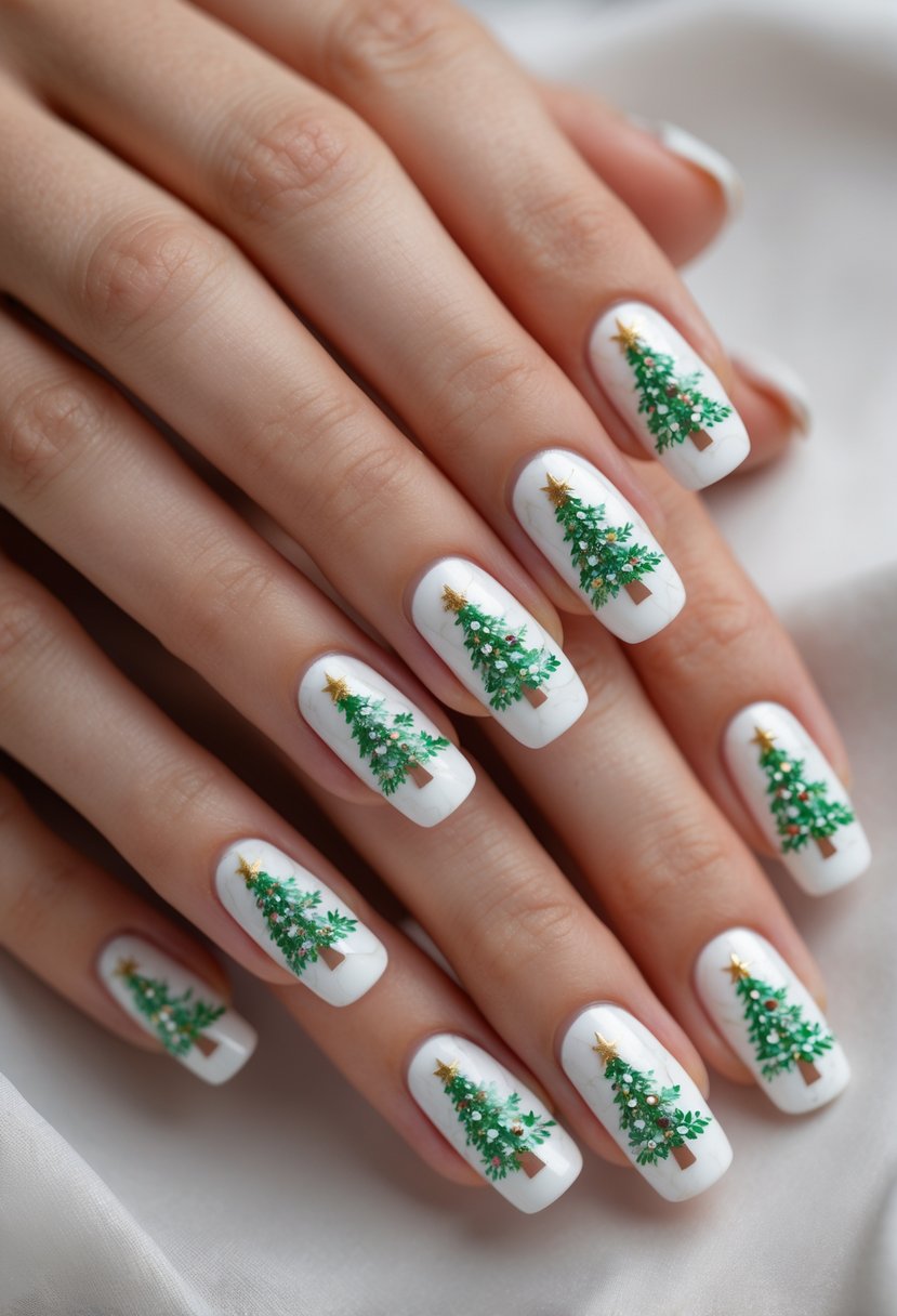 Close-up of sixteen fingernails with white marble design and small Christmas tree patterns.