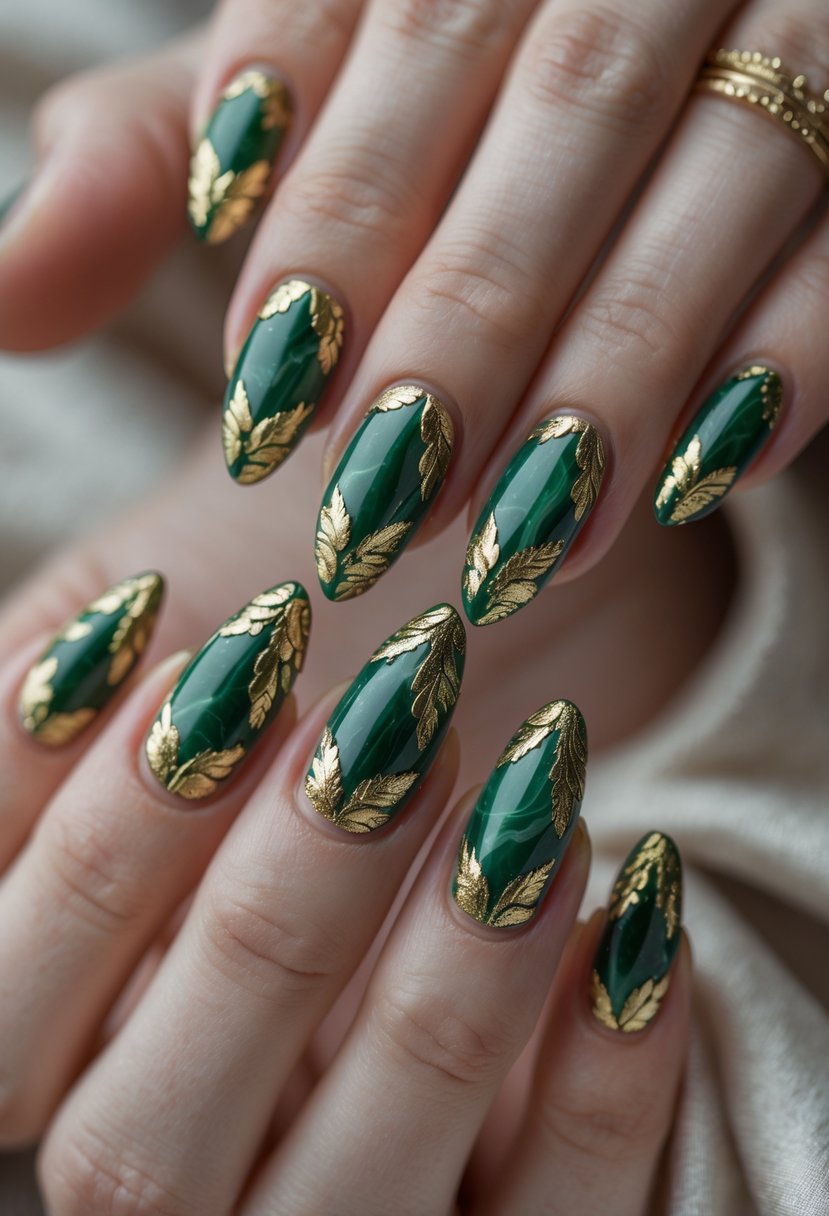 Close-up of sixteen fingernails with green marble and gold leaf designs on a neutral background.