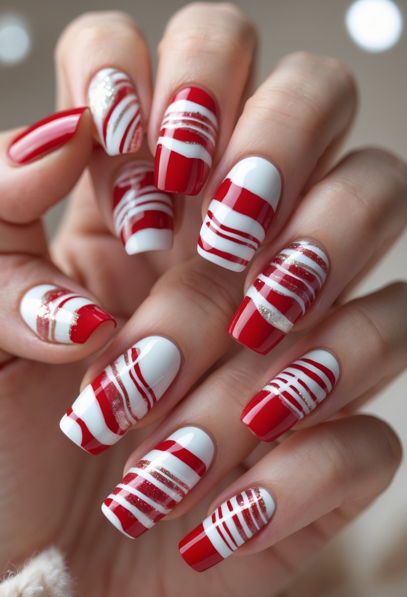 Close-up of a hand showing sixteen nails painted with red and white striped marble ribbon designs.