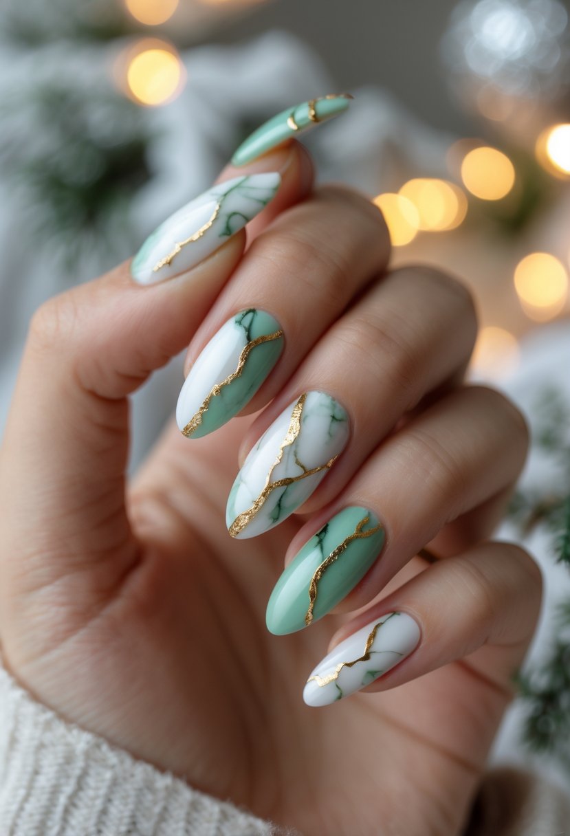 Close-up of a hand with green and white marble nails decorated with gold accents.