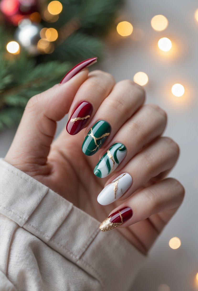 A close-up of a hand with 16 nails painted in red, green, white, and gold marble patterns, posed against a soft background with holiday decorations.