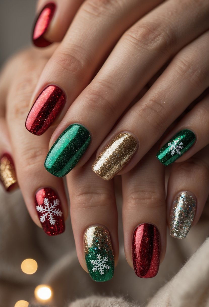 Close-up of hands displaying 18 glittery Christmas-themed manicured nails.