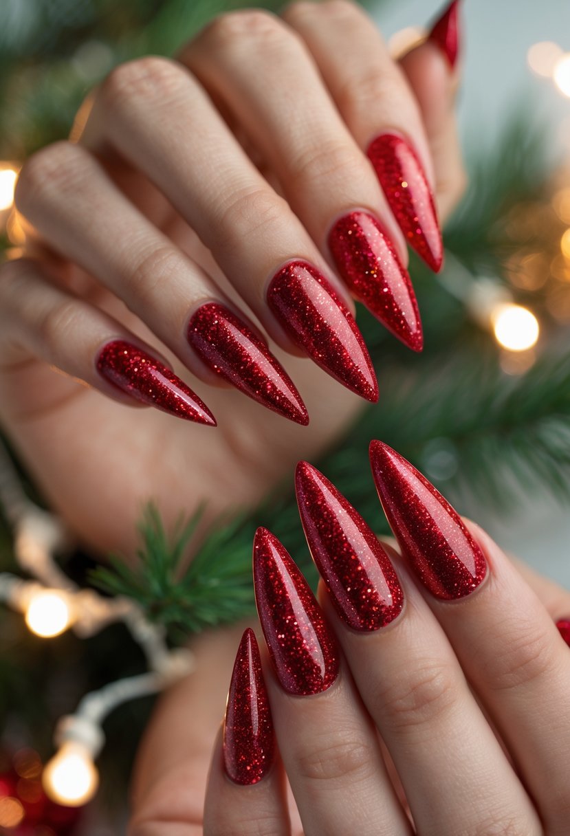 Close-up of two hands with long red glitter stiletto nails against a softly blurred festive background.