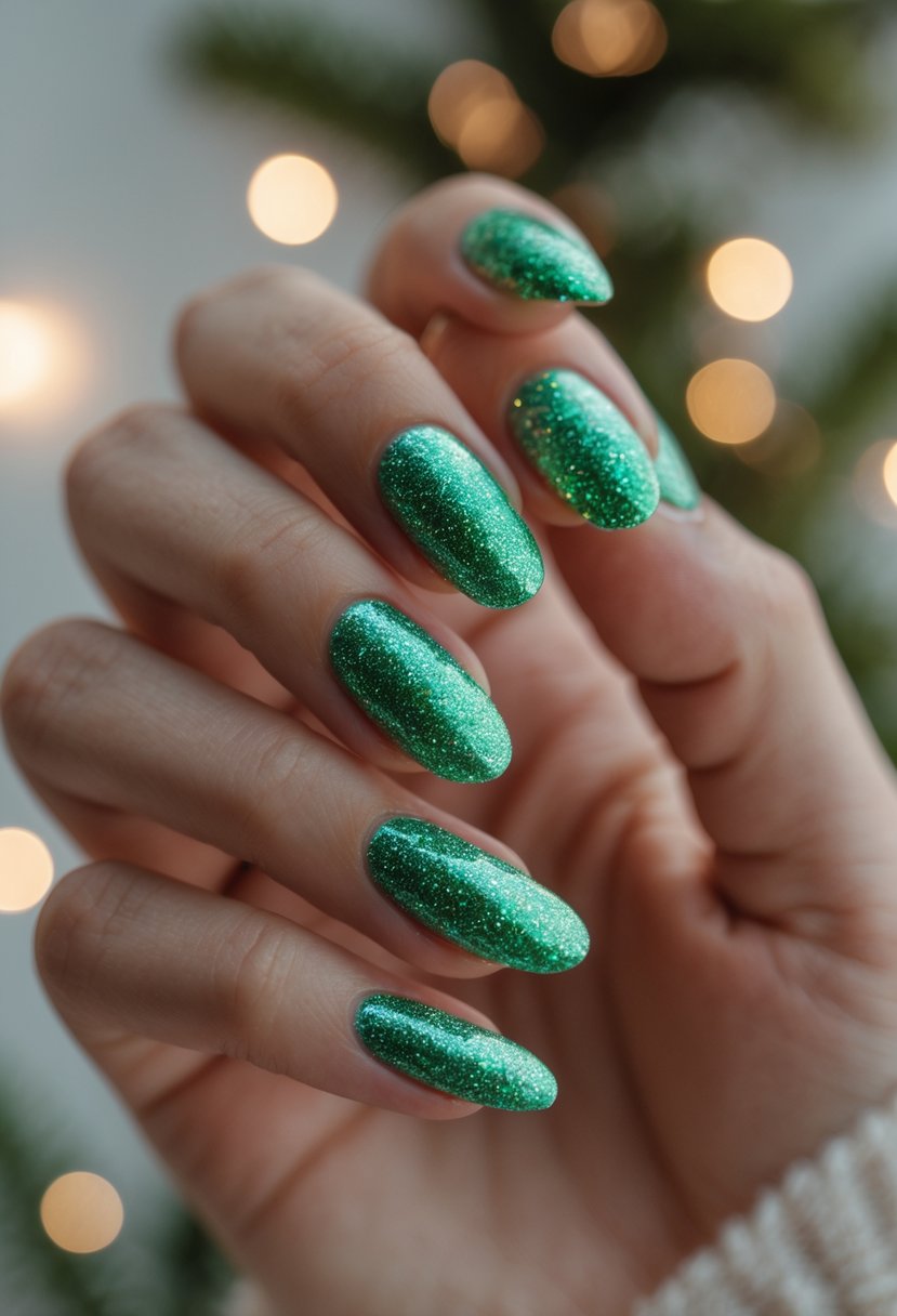 A close-up of a hand with 18 green glittery nails, showing a festive and sparkling manicure.
