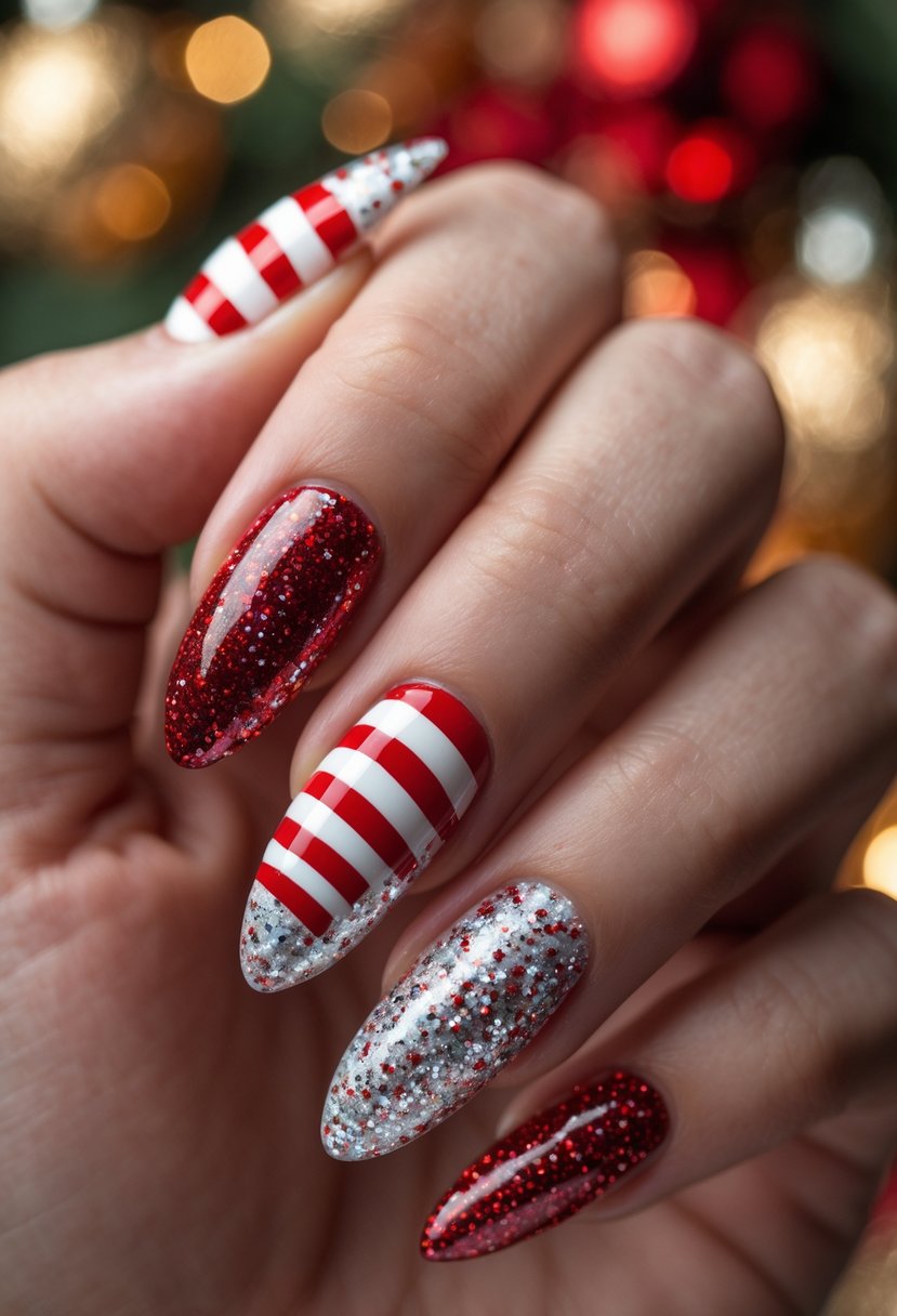 A close-up of a hand with red and white striped glittery Christmas-themed nails.