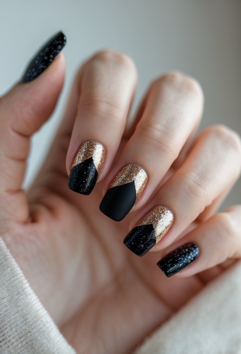 A close-up of a hand with black matte and glittery nails arranged in a festive design.