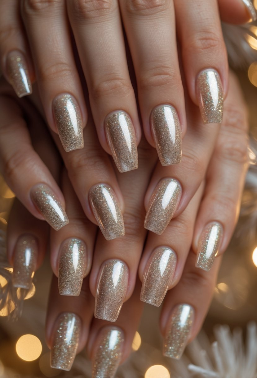 Close-up of hands with 18 coffin-shaped glittery champagne-colored nails.