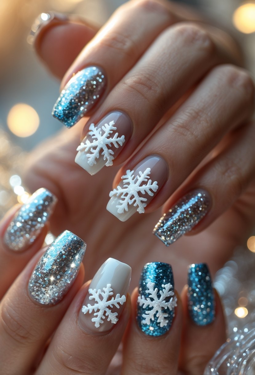A hand showing 18 nails decorated with 3D snowflakes and glitter in festive colors.