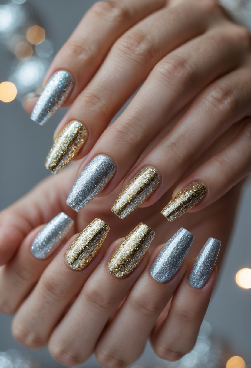 A close-up of a hand with 18 nails decorated with silver and gold glitter stripes.