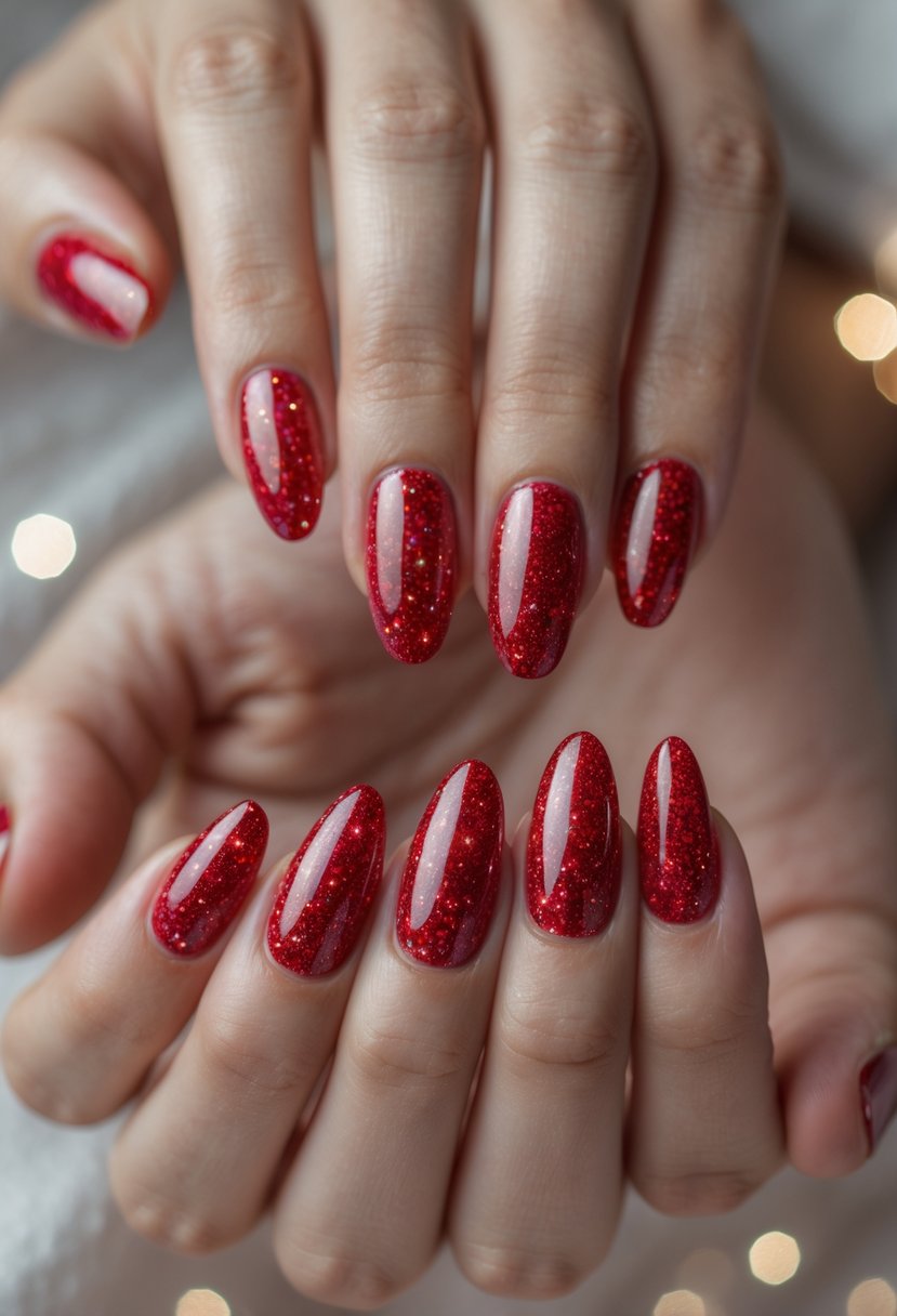 Close-up of hands showing red glitter Christmas-themed nails with a clear glossy top coat.