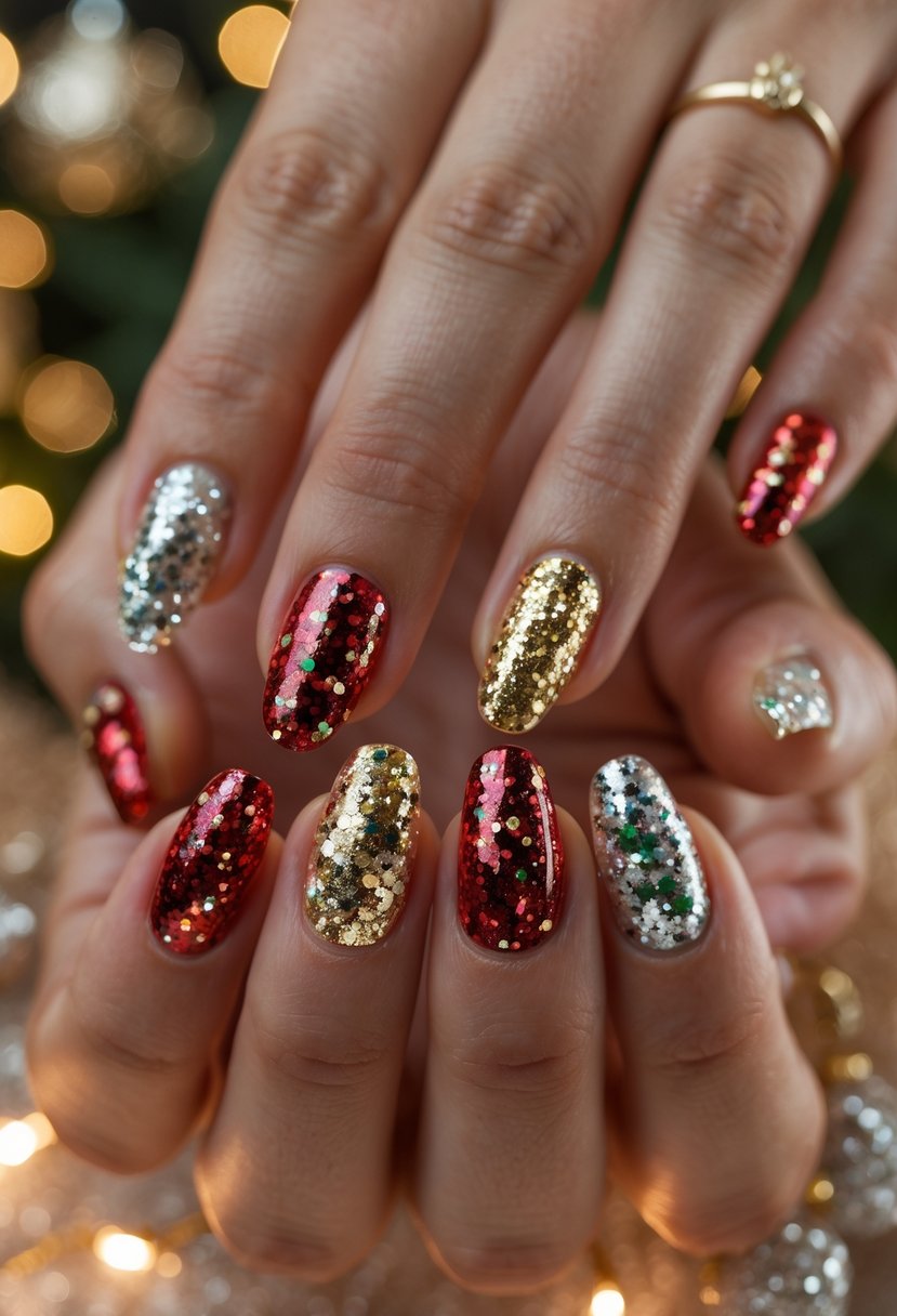 Close-up of hands with 18 acrylic nails decorated with colorful glitter sequins in a Christmas theme.