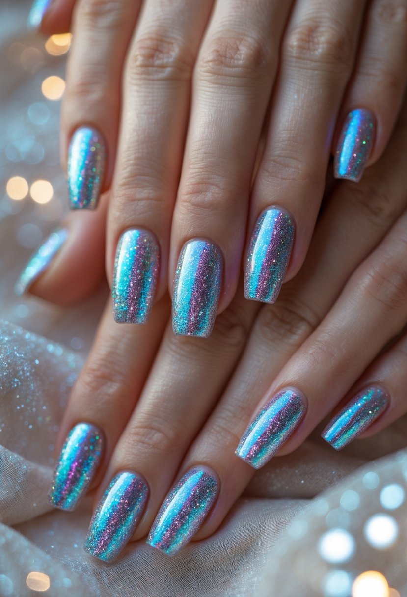 Close-up of hands with full coverage holographic glitter nails reflecting multiple colors.