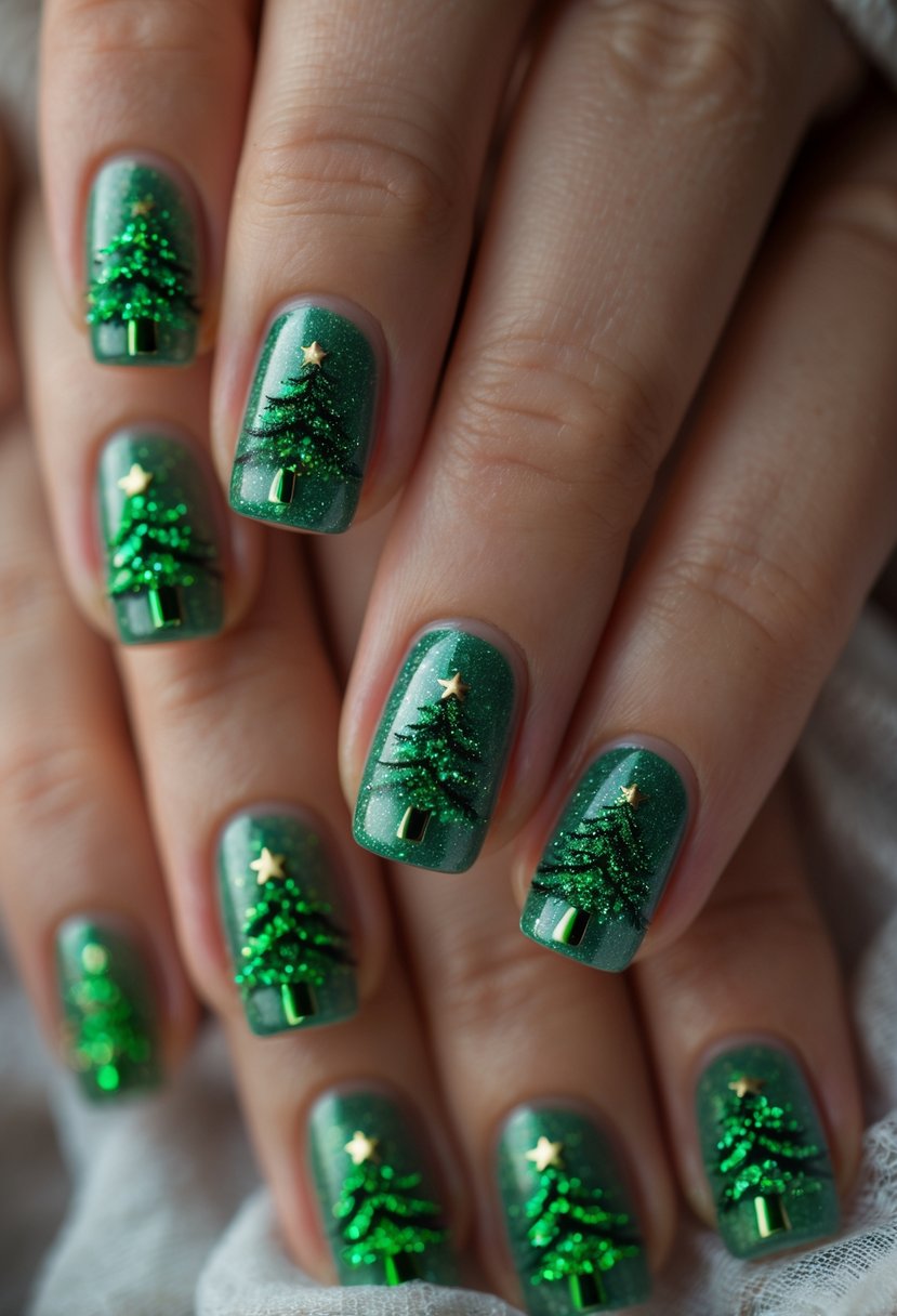 Close-up of a hand with 18 nails decorated with green glitter pine tree designs.
