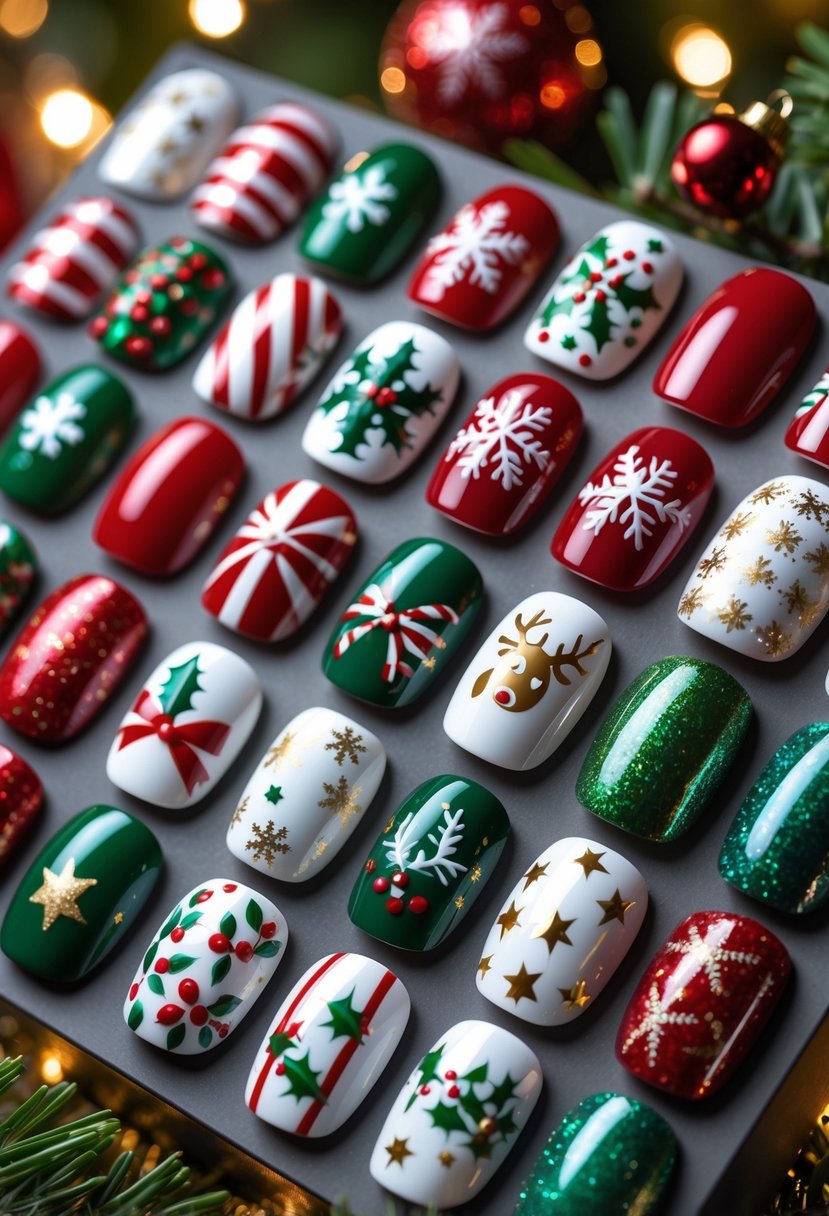 Close-up of nineteen different Christmas-themed nail designs arranged on a display board with festive patterns and colors.