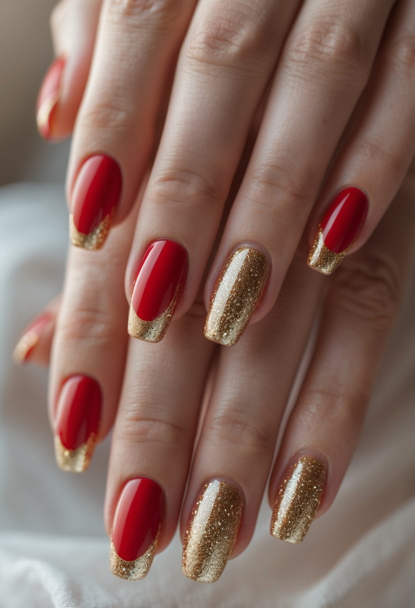 Close-up of hands with red nails featuring gold glitter tips.