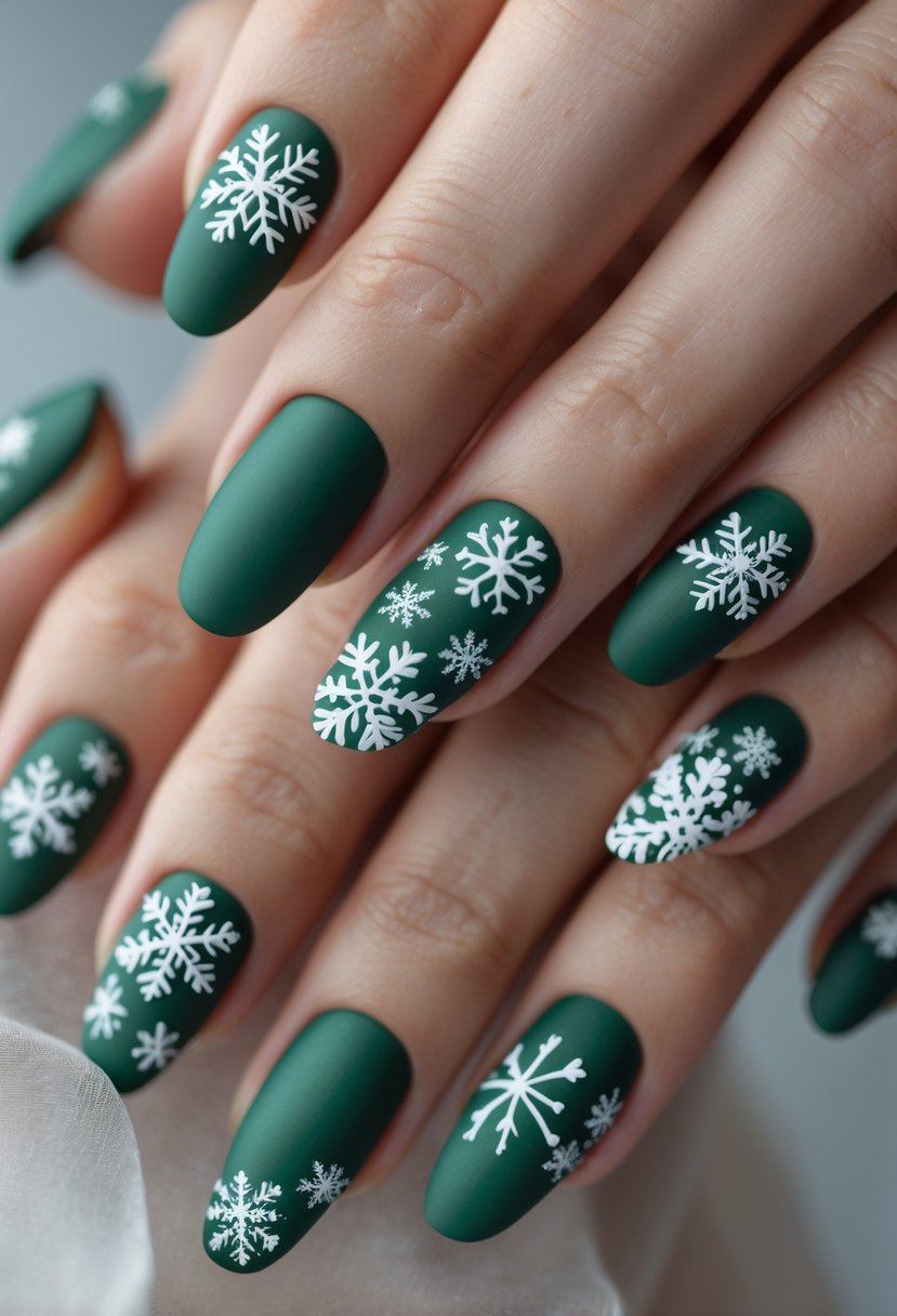 Hands with matte green nails decorated with white snowflake designs.
