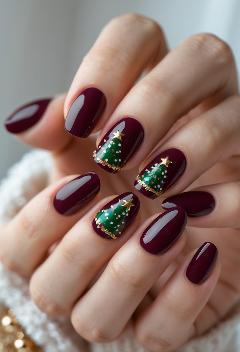 Close-up of a hand with deep burgundy nails featuring tiny Christmas tree designs.