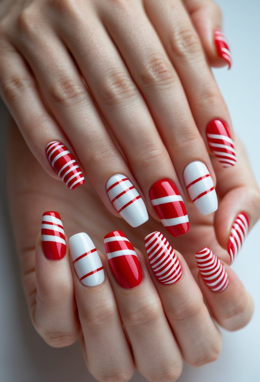 Close-up of hands with nineteen nails painted white with red candy cane stripes in various patterns.