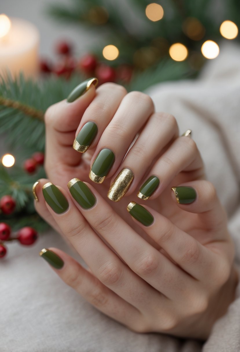 Close-up of hands with olive green nails and gold tips, surrounded by subtle Christmas decorations.