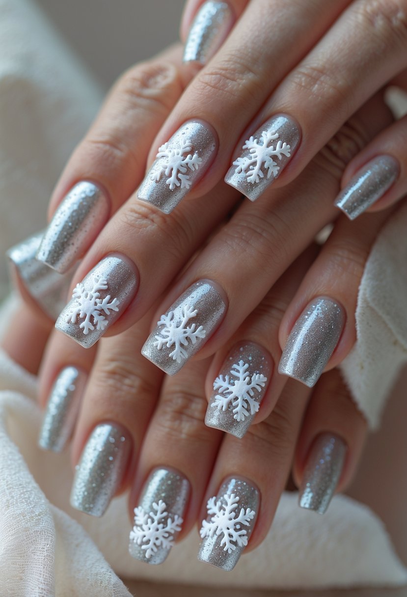 A hand displaying nineteen silver nails decorated with frosted snowflake designs.