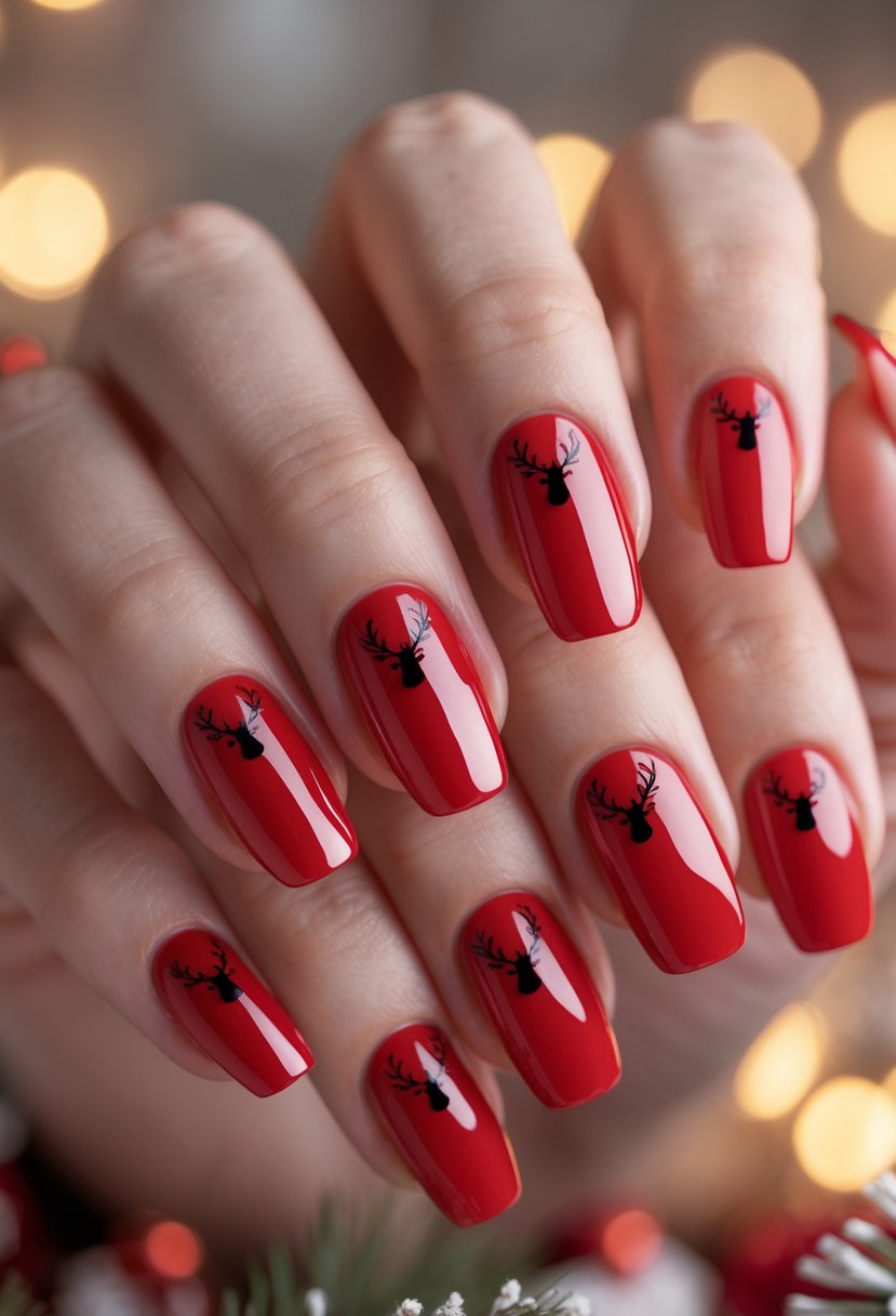 Close-up of hands with glossy red nails decorated with small black reindeer silhouettes.