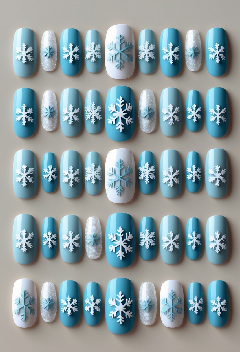 Nineteen pastel blue nails with white snowflake designs arranged neatly on a plain background.