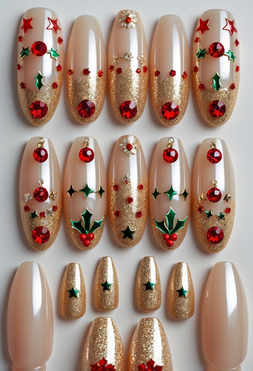 Nineteen manicured nails with glittery gold polish and red rhinestone decorations arranged on a neutral background.