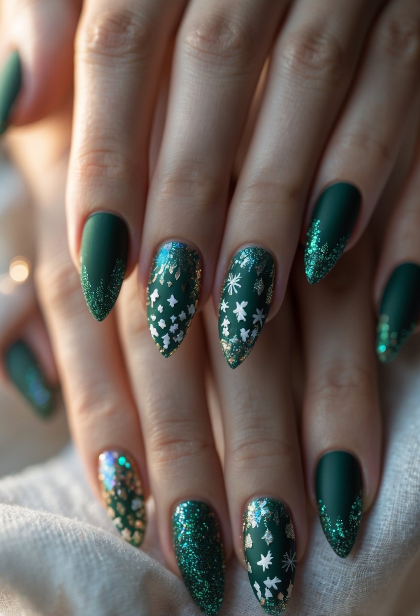 Close-up of hands showing dark green matte nails with glittery holographic accents and Christmas-themed designs.