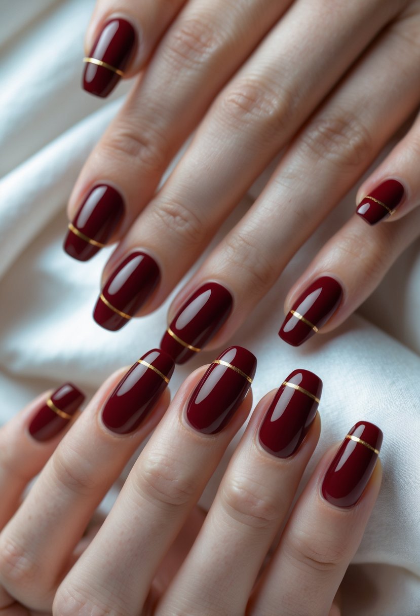 Close-up of hands with red nails featuring thin gold stripes arranged neatly on a neutral background.