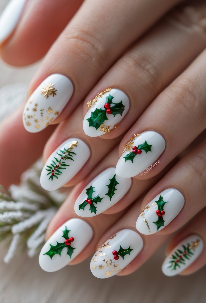 Close-up of a hand with white nails decorated with small Christmas-themed painted ornaments.